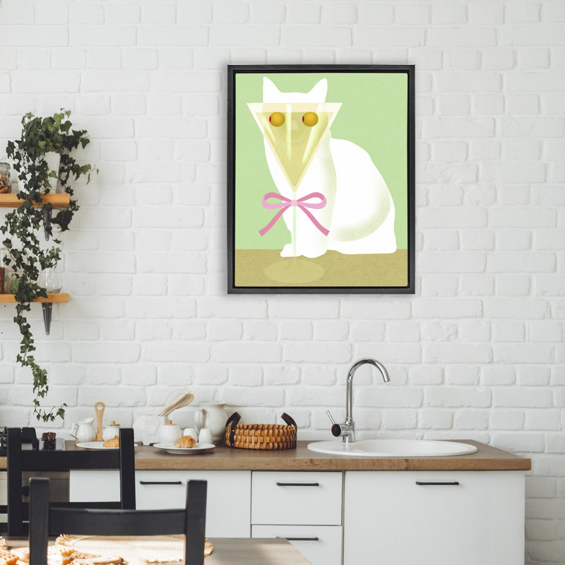 Chat avec cadre flottant aux yeux olive Martini, design par Lil 'Rue, Cadre flottant noir de jais, H 21 po x l 17 po