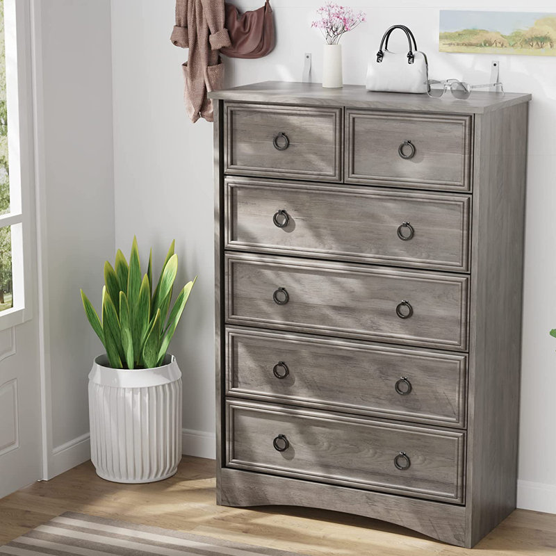 Ensemble de commode de chambre 3 pièces - Grande commode 6 tiroirs et deux tables de chevet 2 tiroirs avec station de charge, gris délavé