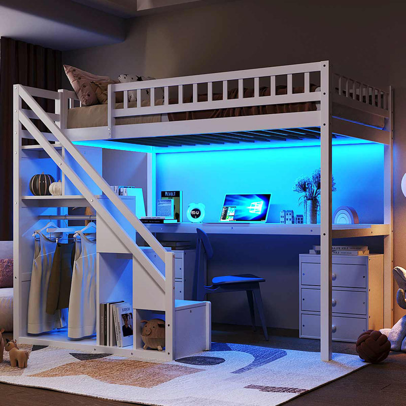 Lit mezzanine en bois avec tiroirs, bureau et bande lumineuse pour adolescents, Blanc, Lit simple