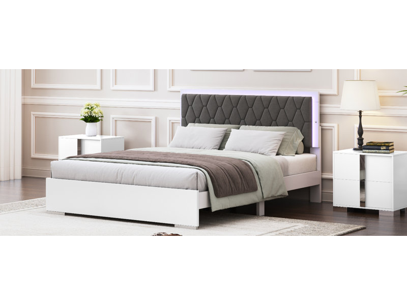 Grand lit tapissier avec lumières DEL, lit plateforme moderne avec tête de lit en velours,, Blanc