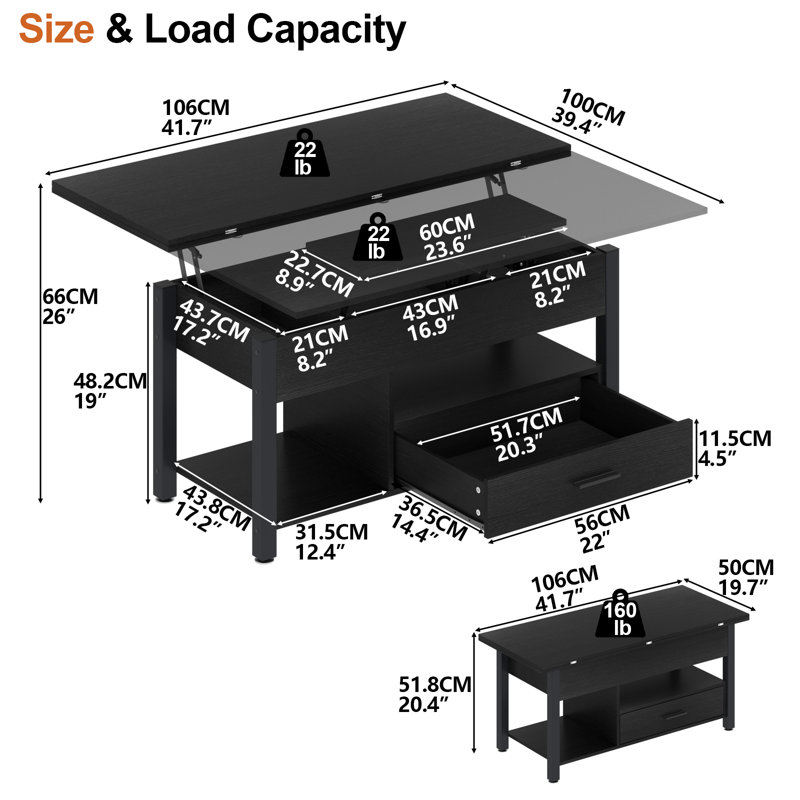 Table basse à plateau relevable, table basse convertible multifonctionnelle avec compartiment de rangement et tiroirs, table basse pour salon convertible en table à manger, bureau d'ordinateur