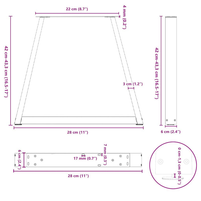 Pieds de table de salle à manger en forme de V, 2 pièces, acier noir, H 17 po x l 11 po x P 0,63 po