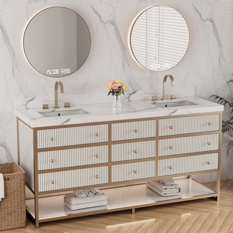 Meuble-lavabo double 72 po avec plateau en pierre reconstituée et lumière DEL Celestia, Blanc, 72"