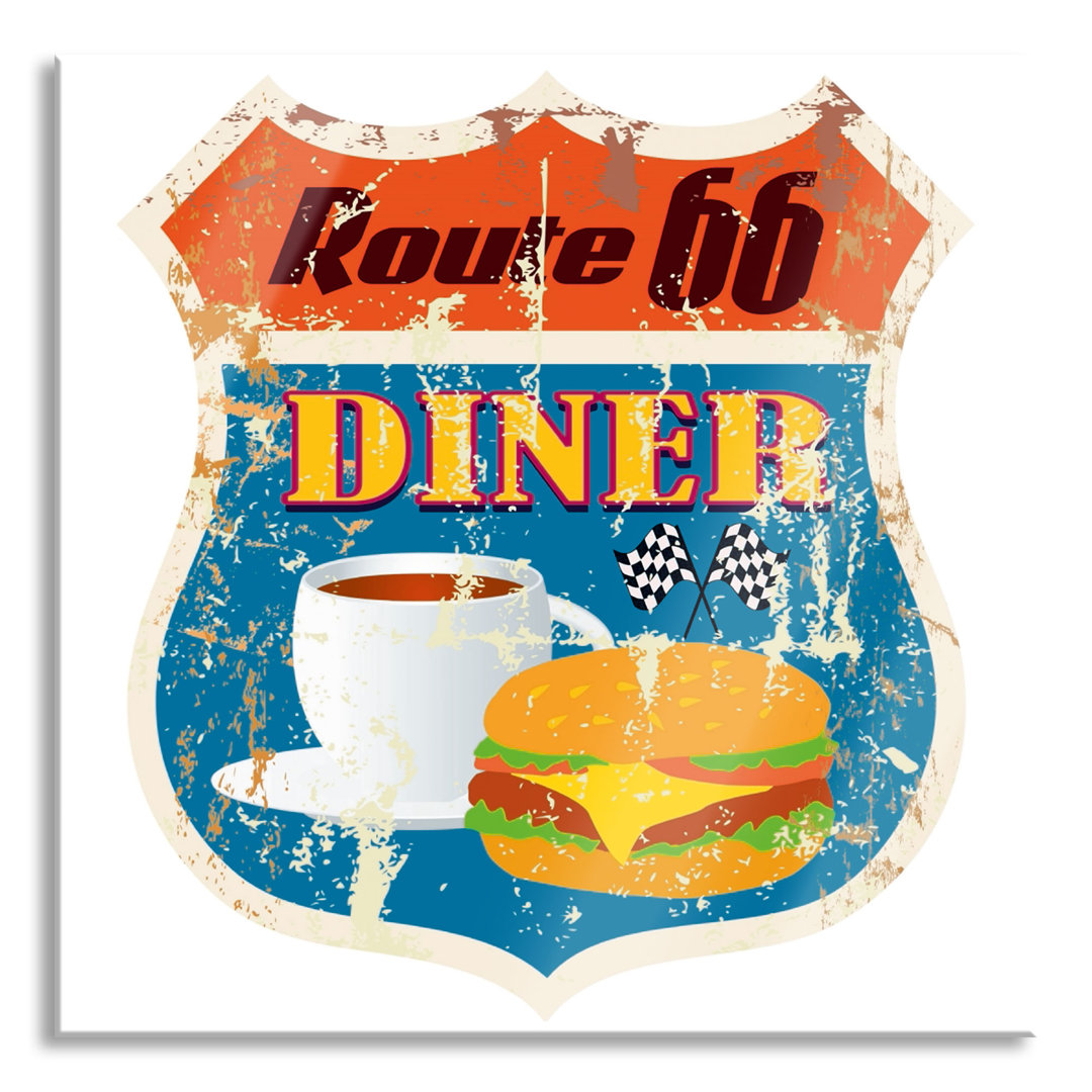 Glasbild Altes Route 66 Schild Diner