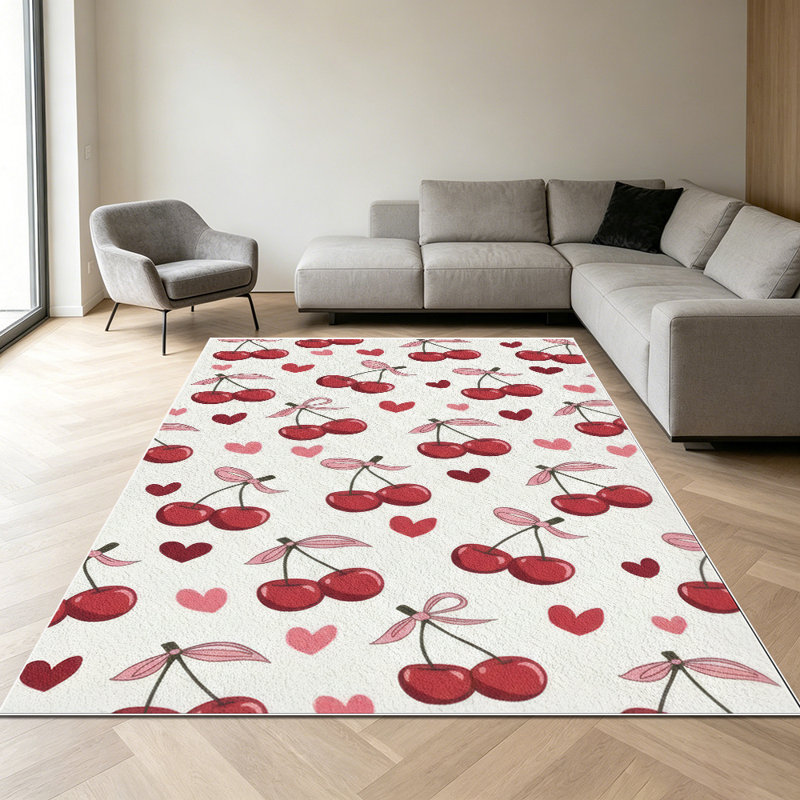 1PC Cherry and Heart Printed area rugs for Living Room, Soft and Comfortable, Suitable for all seasons, easy-to-maintain, machine washable Indoor floor mat, Under Table Farmhouse suitable for dining room, bedroom, kitchen, entryway, patio, home