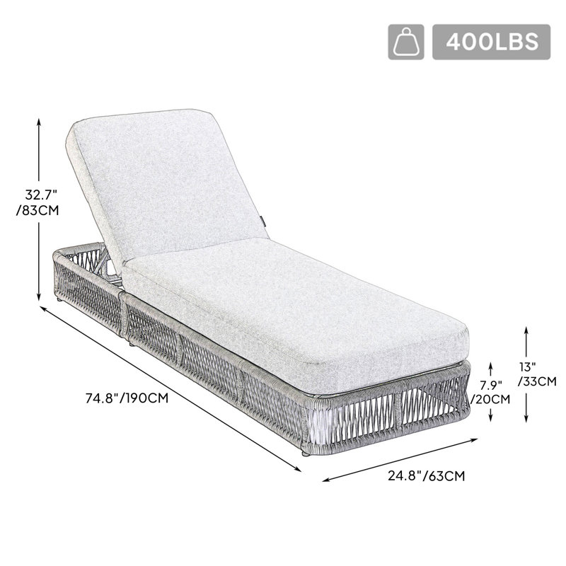 Chaise longue de piscine réglable à l'arrière, corde tissée et structure en fer avec coussin épais, chaise longue d'extérieur pour la piscine, la plage et la cour