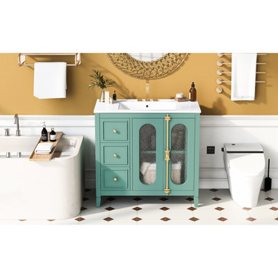 Meuble-lavabo de 36 po avec portes à fermeture en douceur, structure en bois massif. Options de rangement abondantes à 3 tiroirs. Élégant détail en verre translucide. Armoires. Simple à assembler. Cadre pour objet décoratif Lake, 2 portes.