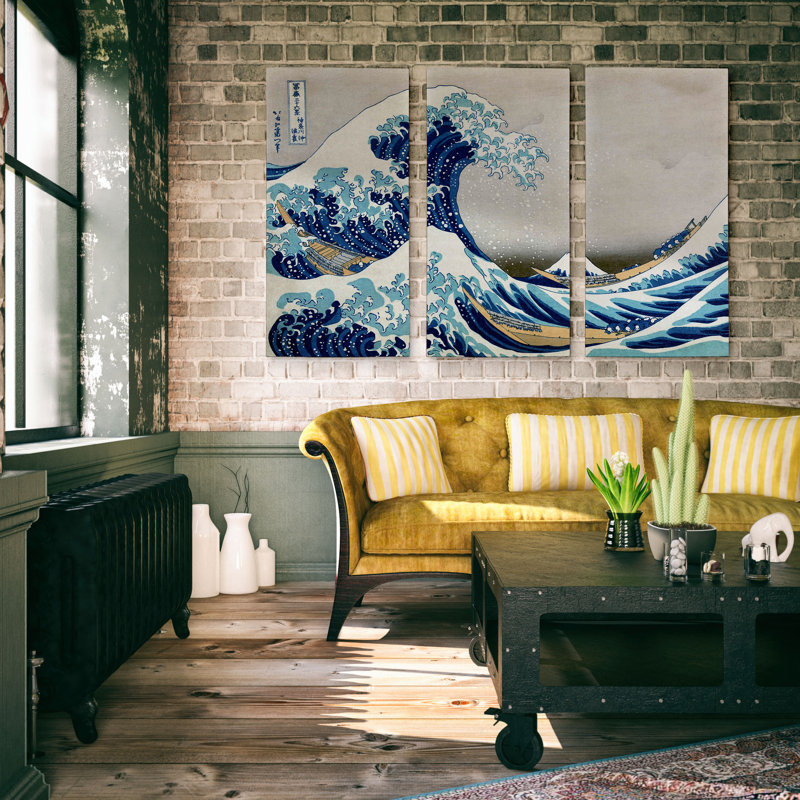 «The Great Wave» par Katsushika Hokusai, reproduction d'art graphique sur toile 3 pièces, H 32 po x l 48 po x P 1,5 po
