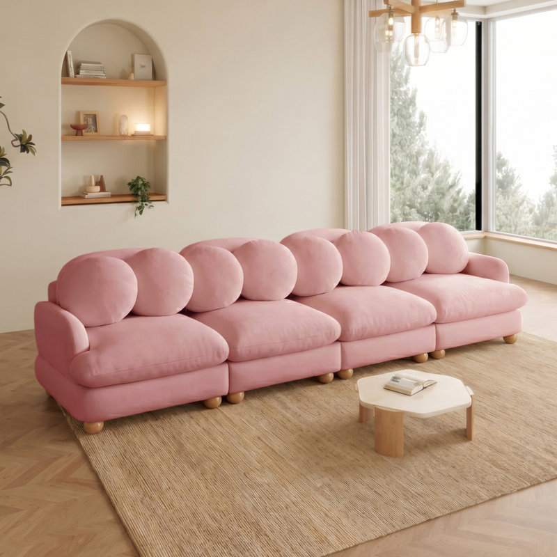 Canapé modulaire 123 places 4 places avec sièges profonds et 8 coussins ronds de 123 po, rose rosé, Blush Pink