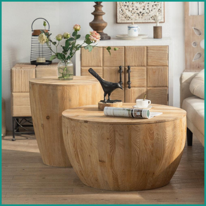 Ensemble de 2 tables basses rétro en forme de seau - bois de sapin + panneau de fibres à densité moyenne, rangement, facile à nettoyer pour le salon / la salle à manger
