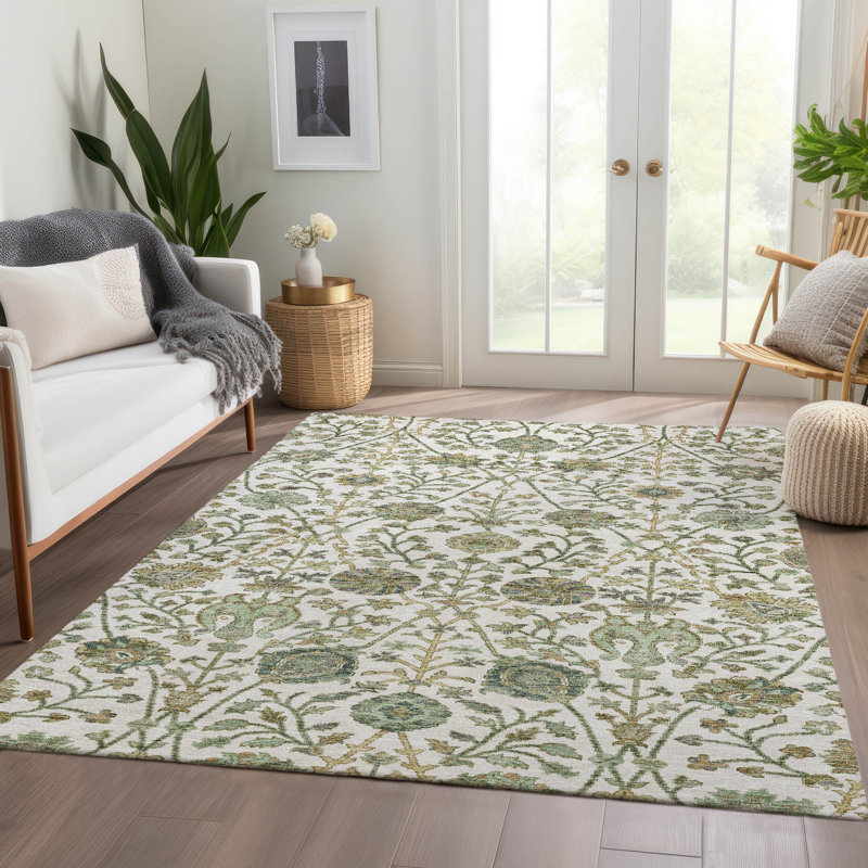 Ivory and Green Floral Synthetic Washable Rug, 3' x 5'
