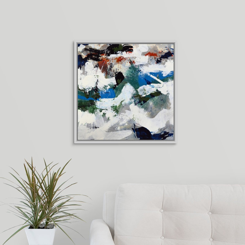 « escape ii », peinture sur toile, H 21,7 po x l 21,7 po x P 1,75 po, Cadre flottant blanc