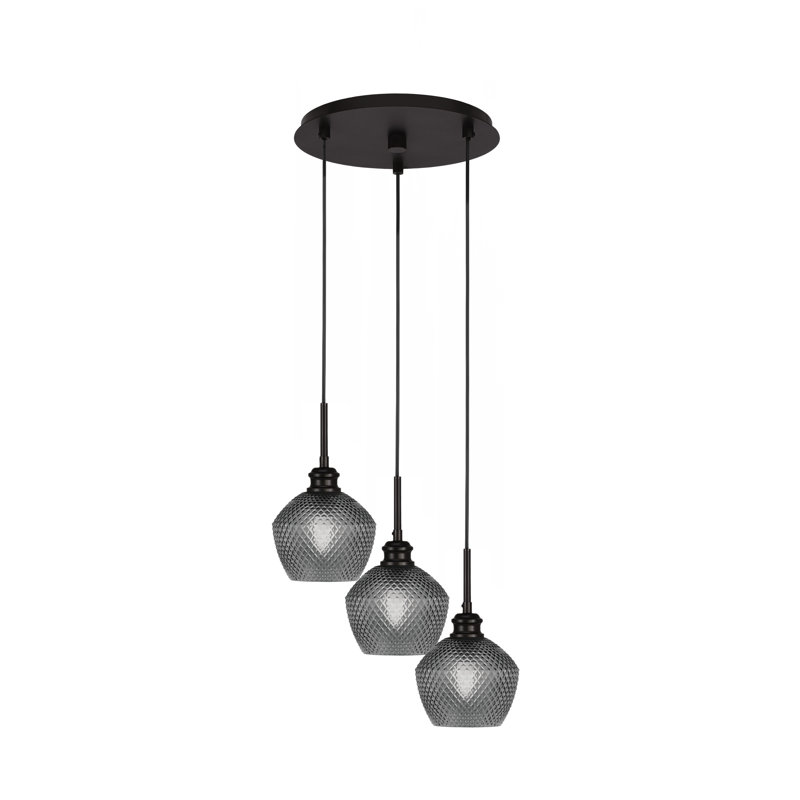 Edge 3 Light Cluster Pendalier Shown With 6" Textured Glass, Smoke Textured, Espresso
