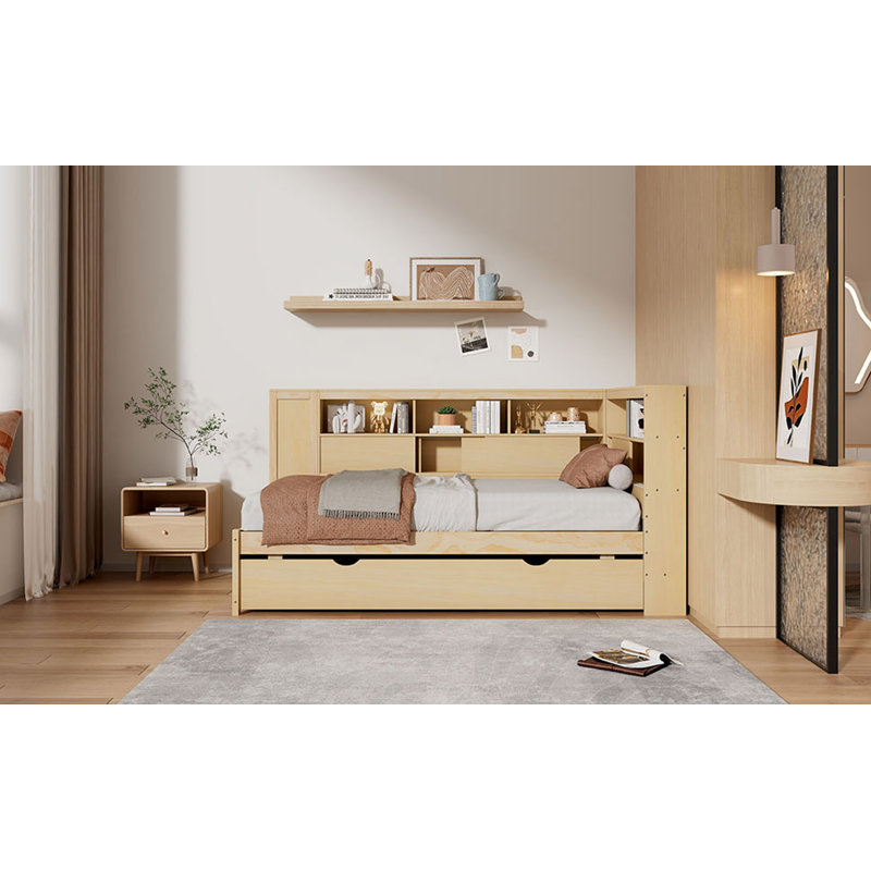 Lit de jour simple en bois avec tablettes de rangement, USB et lit gigogne