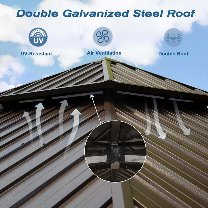 Hardtop Gazebo, Outdoor Gazebo With Galvanized Steel Double Roof, Aluminum Frame, Built-In Gutter System, Curtain And Netting, Metal Gazebo Pavilion For Patio Deck Garden