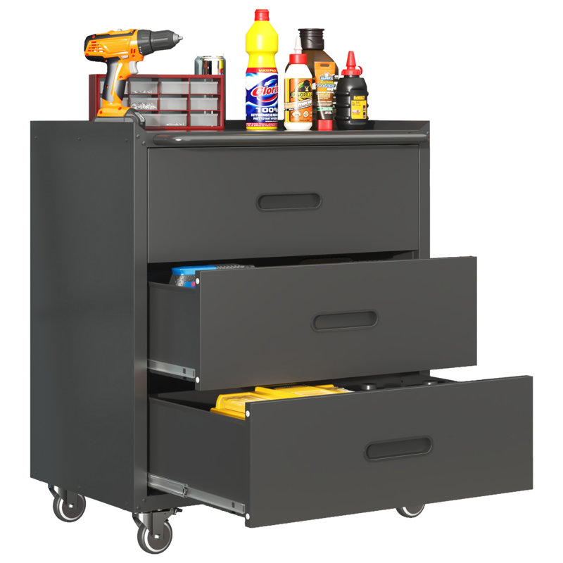 Armoire de rangement en métal robuste avec roulettes - Armoire à outils à 3 tiroirs pour les solutions de rangement de garage, de bureau et de maison