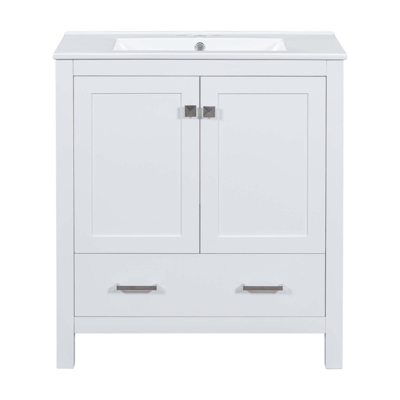 Meuble-lavabo avec lavabo simple, 2 portes à fermeture douce et 1 tiroir, Blanc