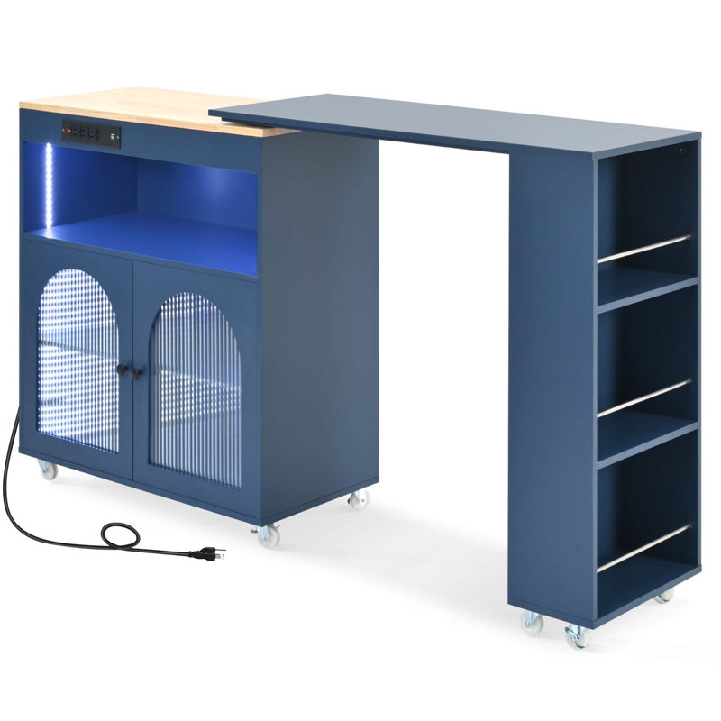 Rolling Kitchen Island With Extended Table, Kitchen Island On Wheels With LED Lights,Power Outlets And 2 Fluted Glass Doors, Kitchen Island With A Storage Compartment And Side 3 Open Shelves