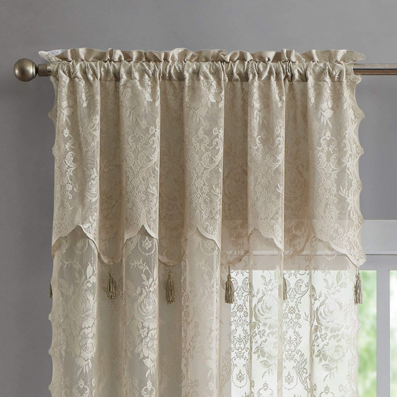 Rosdorf Park Pair Of 2 Sheer Lace Curtain Panels with Attached Matching Valance With 6 Tassels., 54" W x 84" L, Linen