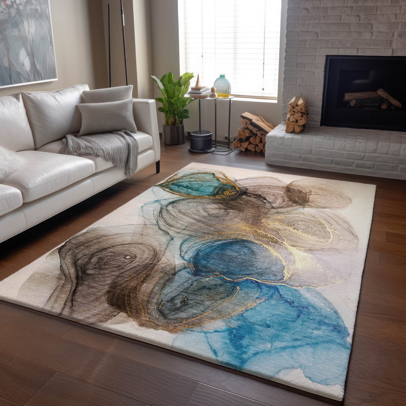 Tapis beige lavable à la machine de qualité supérieure 5 pi x 7 pi 6 po Cerrito AMF513, Rectangle de 10 pi x 14 pi