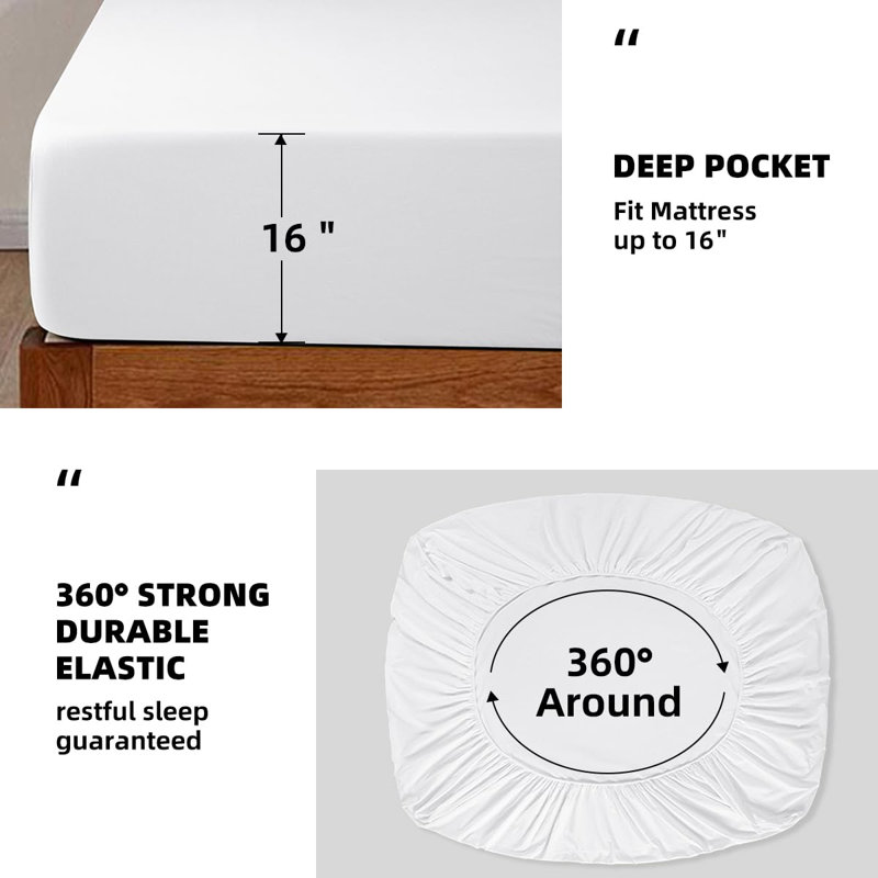 Natural Linen Cotton Bed Sheets Set，Deep Pocket- 4 Pcs, Queen, White