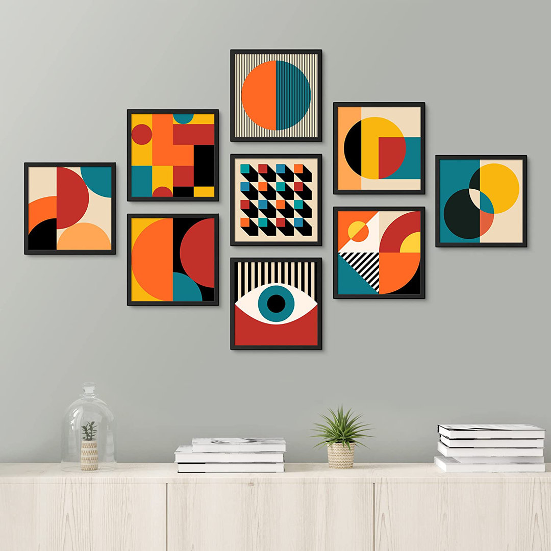 Mid-Century Modern 1960s Multicolor Geometric Abstract Shapes Boho Art Framed Plastic 9 Piece Print SIGNLEADER