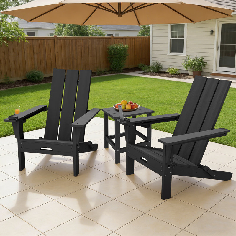 2 - Person Outdoor Folding Adirondack Chair Set With Side Table, Black