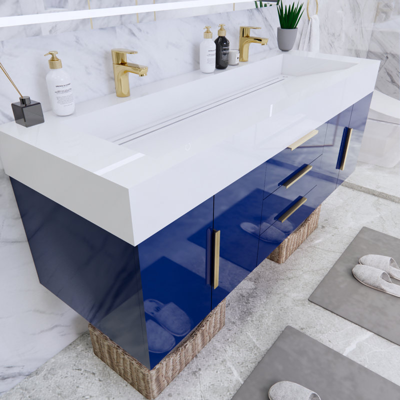 Ensemble de meuble-lavabo double mural l 59 po x P 19,75 po x H 22,25 po Glasgow, Blanc, Bleu nuit ultrabrillant