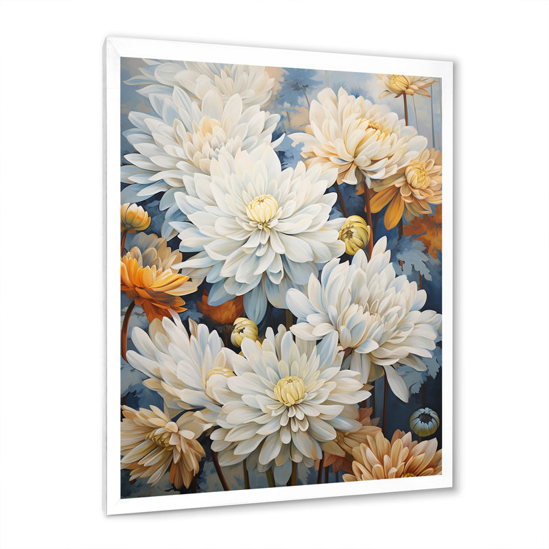 "Mums", peinture sur toile beige et blanche I, Cadre simple blanc, H 32 po x l 24 po x P 1 po