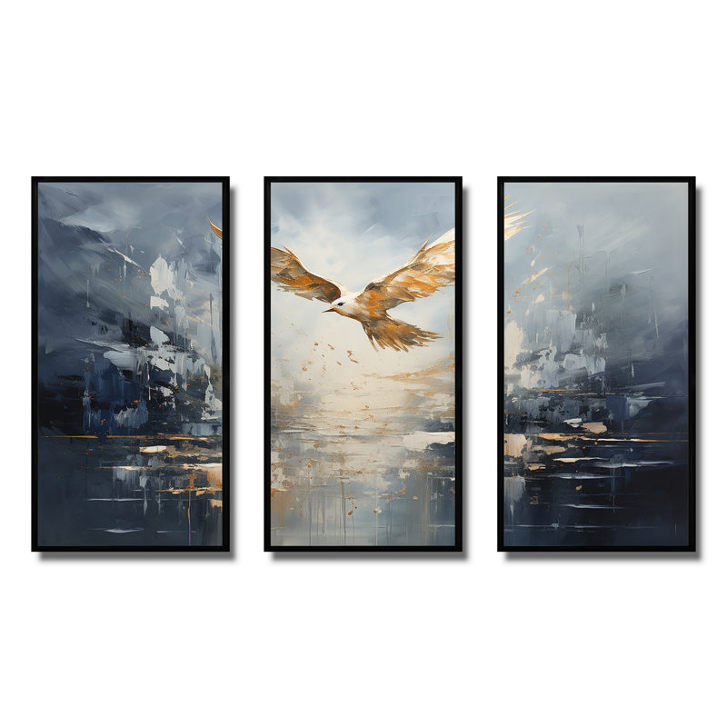 Oiseau doré surplombant l'océan I - Art mural oiseau sur arbre, Cadre flottant noir, H 28 po x l 36 po