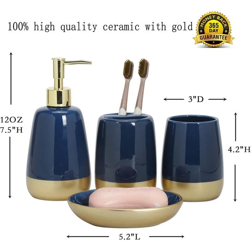 4-Piece Navy Blue Gold Luxury Ceramic Bathroom Set: Soap Dispenser, Toothbrush Holder, Tumbler, Soap Dish