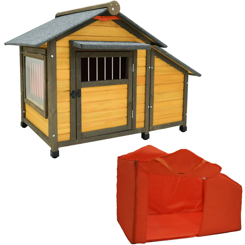 Niche pour chien isolée en bois massif de 50 po pour petits chiens, chenil d'extérieur avec porte verrouillable, rideau thermique amovible et fenêtre ventilée