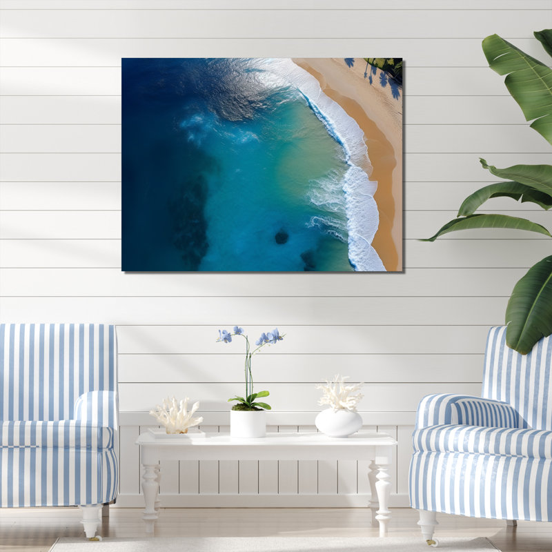 Vue aérienne de la plage côtière I - plage, art mural, H 34 po x l 44 po x P 1,5 po, Toile tendue