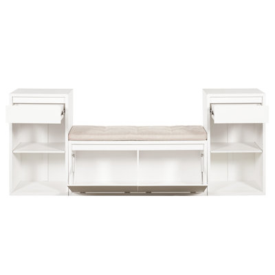 All-in-One Entryway Storage Bench with Cushion, Compartments, Drawers & Open Shelves, Storage Bench for Hallway, Mudroom, Living Room(White)