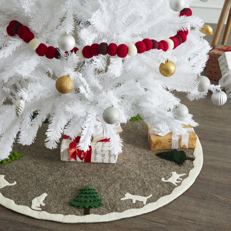 Handmade Felted Grey Christmas Tree Skirt - 36", Cream Cats & Green Trees T1CAT36