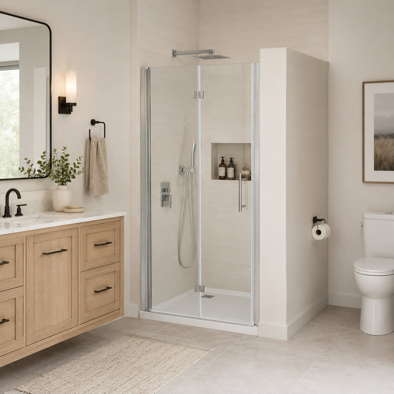 36''–38'' W x 72'' H Semi-Frameless Bifold Shower Door, 1/4'' Clear Tempered Glass with Protective Safety Film, Reversible Folding Shower Door with Adjustable Width, Brushed Nickel Finish