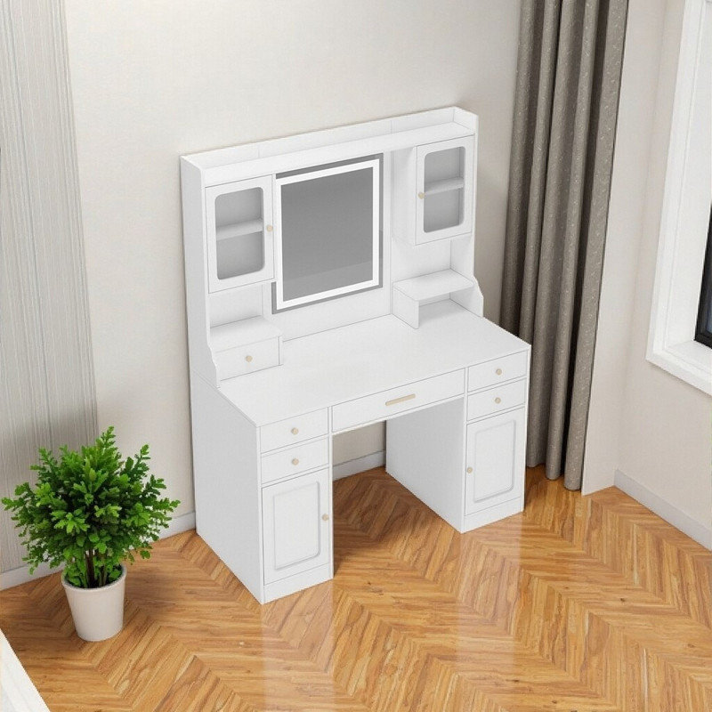 Coiffeuse 41 po avec miroir, bureau à 6 tiroirs avec tablettes de rangement pour la chambre à coucher