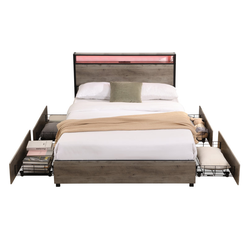 Full Size Metal and Wood Bed Frame with Storage Headboard and Charging Station in Antique Gray