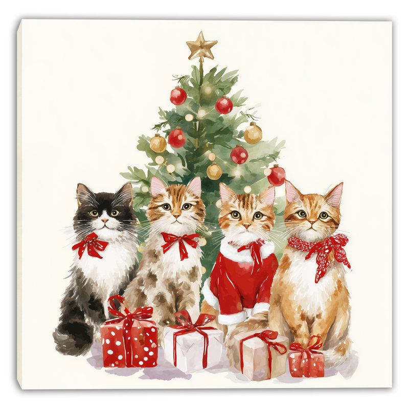 «Festive Christmas Cats by the Tree», art mural sur toile tendue