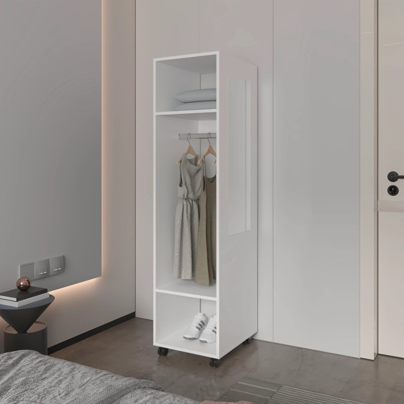 Armoire blanche à 3 tablettes avec miroir et rangement ouvert