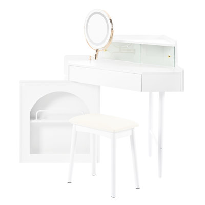 Corner Makeup Vanity Desk With Mirror & LED Lights, Modern Vanity Set With Mirror And Stool, Dressing Table With Large Storage For Small Place, Brightness Adjustable Folding Mirror
