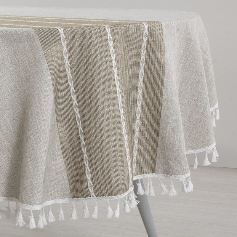 Solid Embroidery Oval Tablecloth With Tassels For Oval Table, 60 X 84 Inch Lace Dust-Proof Table Cover For Kitchen Dinning, Wrinkle Free Anti-Fading Tabletop Decoration