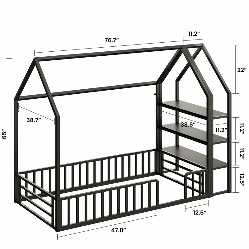 Twin Bed Frame With Storage, Floor Metal House Bed With Fence Guardrails, No Box Spring Needed, Space Saving For Bedroom And Dorm, Easy Assembly, Black