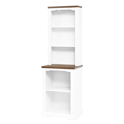 Deux tablettes avec bibliothèque en noyer, armoire blanche, rangement entièrement ouvert pour la décoration et les articles essentiels, base supérieure incurvée, 6 tablettes