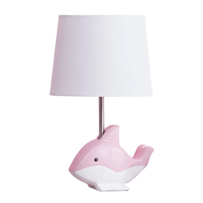 Kids Dolphin Table Lamp with White Linen Empire Shade and Silver Metal Pole, Cute Pink and White Animal Bedside Nightstand Light for Playroom or Childrens Bedroom, E26 Socket (Bulb Not Included)