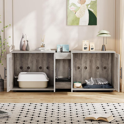 55-Inch Cat Litter Box Enclosure for 2 Cats: Wooden Double-Room Pet House with Storage