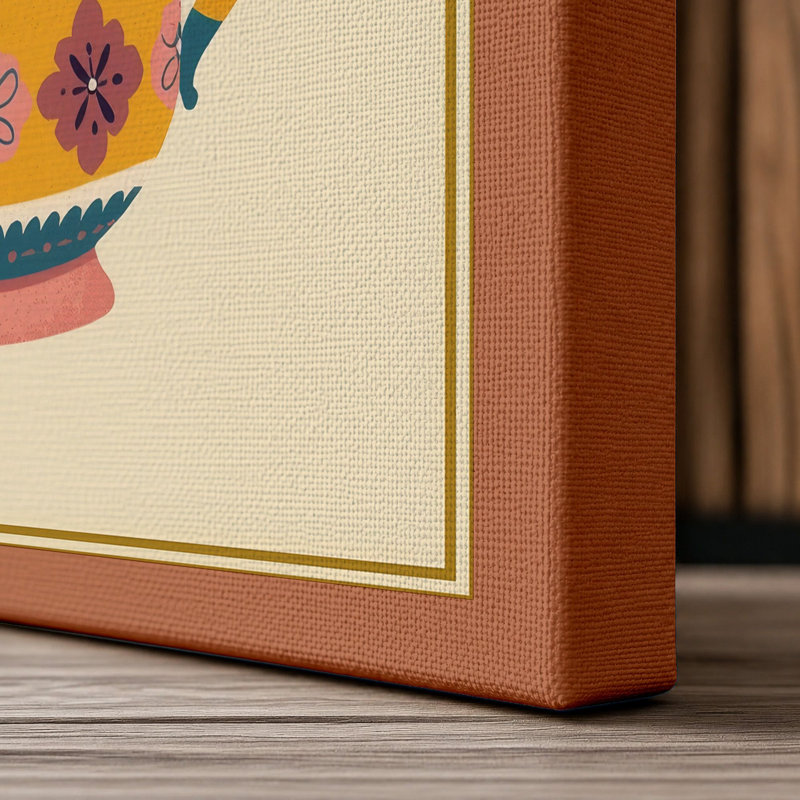 Folk Art Teapot Eclectic - Wrapped Canvas, Terracotta Border, 30x20 - 76.2 x 50.8 cm