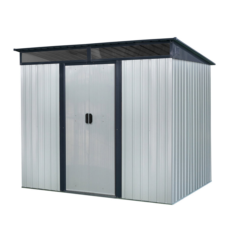 Rangement extérieur en métal 8 pi x 6 pi avec portes coulissantes verrouillables et plaque transparente, Blanc/Noir