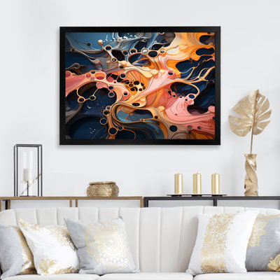 Encre rose et orange, vagues, mélodie - encre liquide, art mural abstrait