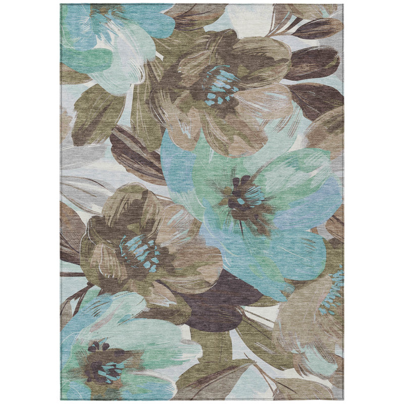 Tapis extérieur lavable floral kaki et taupe 5 pi x 8 pi